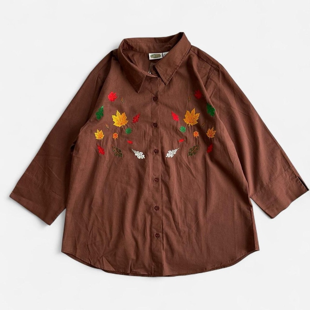 Vintage Collections Etc. 3/4 Sleeves Embroidered Fall Leaves Button Down Shirt